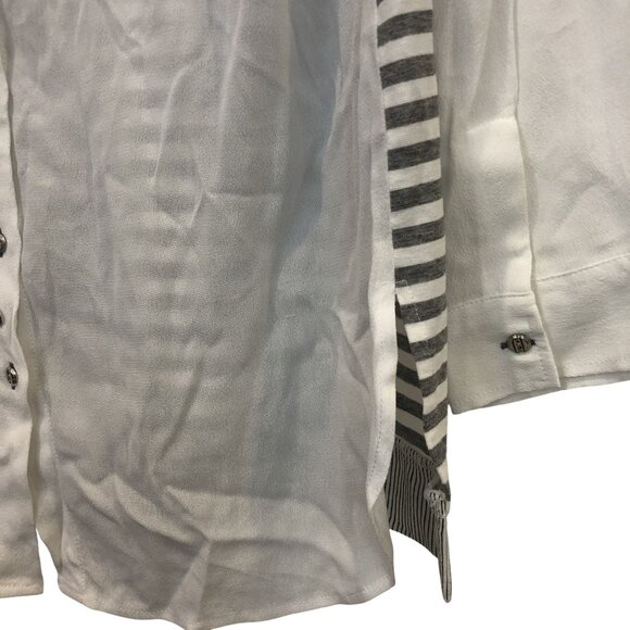 Elisa Cavaletti Striped Button-Down Shirt Unique Collar Button Size M White Grey - Picture 7 of 11